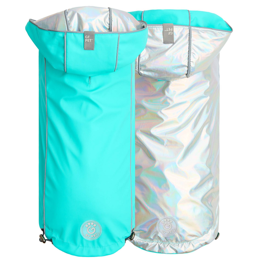Cosy Pooch Reversible Raincoat - Neon Aqua with Iridescent