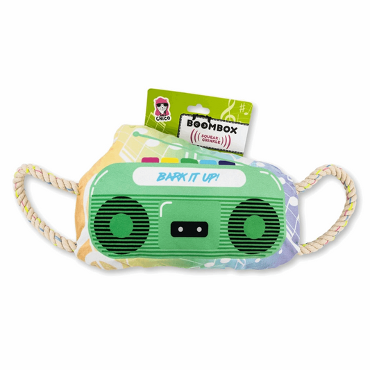 BoomBox Crinkle Squeaky Plush Dog Toy with ropes